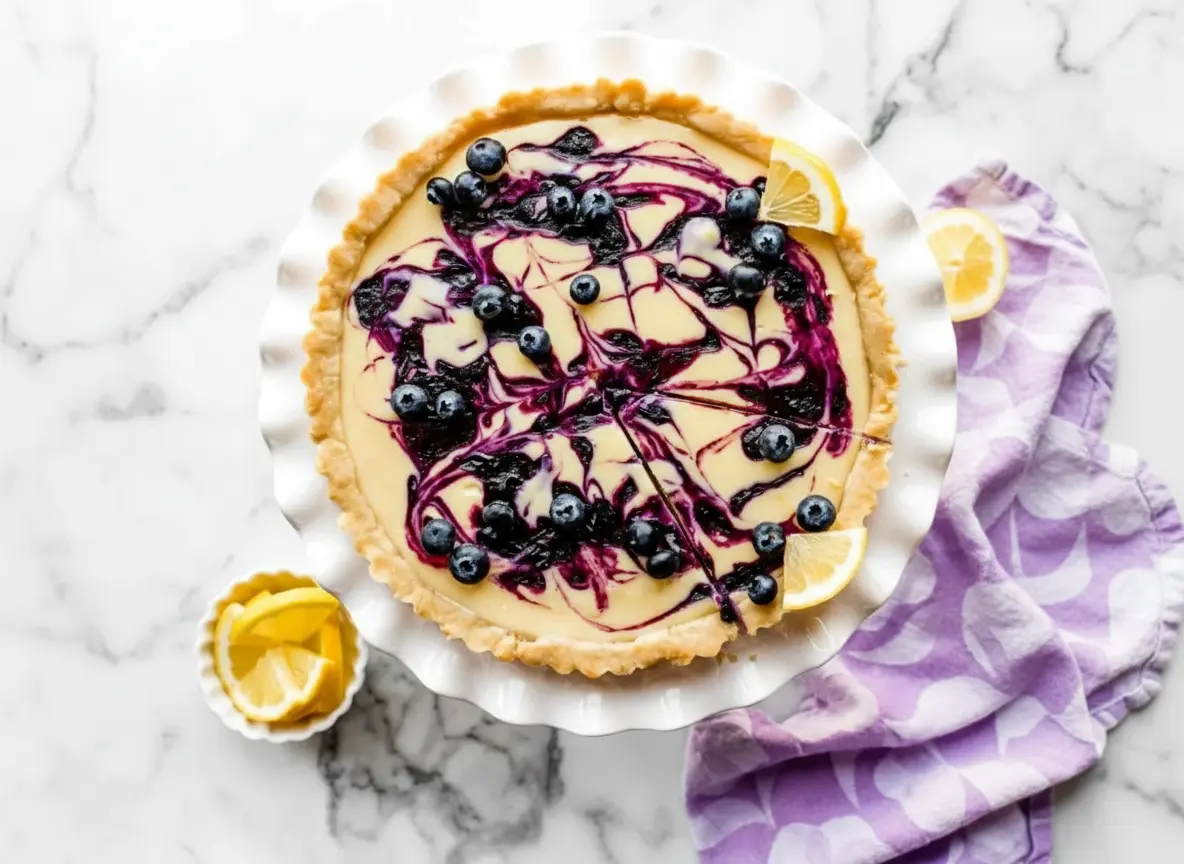 Overhead shot of a beautifully prepared Lemon Blueberry Tart on a white ruffled cake stand, featuring a golden-brown crimped crust, a pale yellow creamy lemon filling with distinct dark purple blueberry swirls, and whole fresh blueberries scattered across the top. Garnish includes two small lemon wedges on the tart edge. A small white bowl of lemon wedges and a purple patterned napkin are visible on a white marble countertop with soft morning light and warm tones. No hands or people. (4:3 ratio)