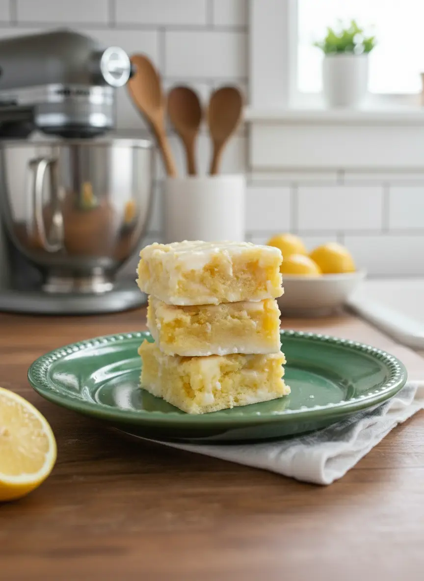 A light yellow lemon brownie batter being gently mixed with a wooden spoon in a minimalist white ceramic bowl on a warm wooden countertop, showcasing the smooth, thick texture of the batter. A silver stand mixer is subtly blurred in the background, with natural morning light illuminating the scene, soft shadows, and a clean setup. (3:4 ratio)