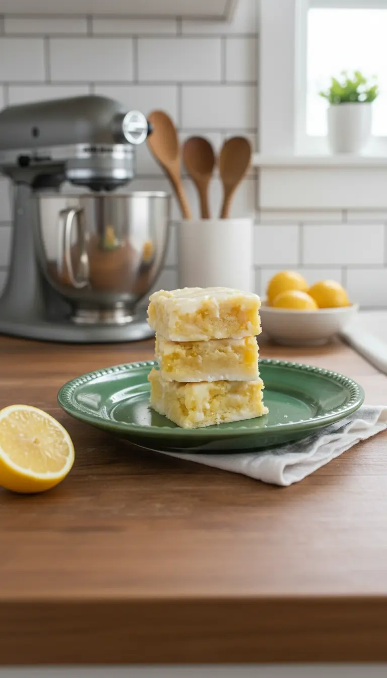 A single light yellow lemon brownie square with a bright white lemon glaze, placed on a simple minimalist white ceramic plate, showcasing its fudgy interior and zesty top. A small, elegant bite has been taken from the corner, revealing the dense, moist texture. The plate is on a wooden countertop, with natural morning light and soft shadows, and a fresh sprig of lemon balm in the background. (3:4 ratio)