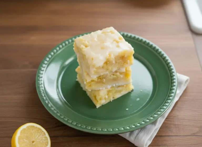 A stack of three light yellow lemon brownies with a bright white lemon glaze drizzled on top, perfectly arranged on a green ceramic plate with a beaded edge. A halved fresh lemon rests beside the plate on a warm wooden countertop. In the softly blurred background, a silver stand mixer, wooden cooking utensils in a white ceramic holder, and a bowl of whole lemons are visible, all illuminated by natural morning light streaming from an east window, with soft shadows and a clean, tidy white subway tile backsplash. (4:3 ratio)