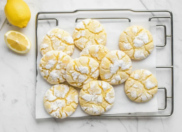 Hero shot, 4:3 aspect ratio. A top-down view of a wire cooling rack sitting on a marble countertop with wood accents. The rack is filled with bright yellow Lemon Crinkle Cookies covered in powdered sugar fissures. Fresh lemon wedges are artistically placed near the rack on white parchment paper. Natural morning light from the east creates soft shadows. Clean, minimalist, professional food photography style.