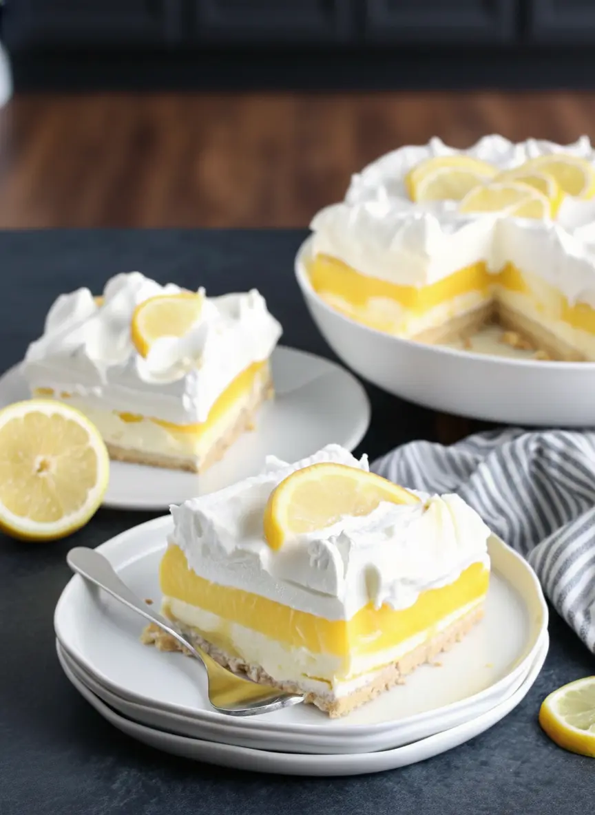 A clear glass 9x13 baking dish on a wooden cutting board, showing the process of layering. The tan crust is visible at the bottom, followed by the white cream cheese layer, and the bright yellow lemon pudding is currently being spread with an offset spatula. The layers are distinct and colorful against the neutral kitchen background.