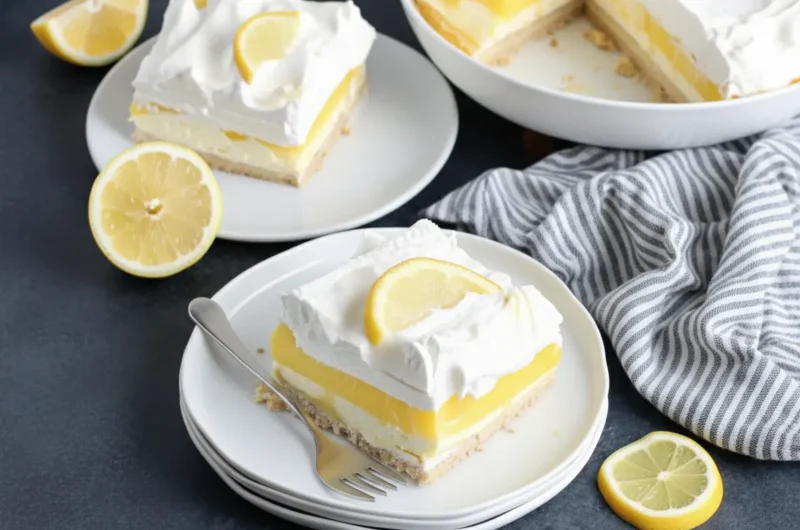 A high-angle 45-degree shot of a square slice of Lemon Lush Cake on a minimalist white ceramic plate. The cake shows distinct layers: a tan pecan crust, a white cream cheese layer, a vibrant yellow pudding layer, and a thick white whipped topping. A fresh lemon slice and scattered zest garnish the top. The plate sits on a marble countertop with wood accents. Soft, natural morning light from the east creates gentle shadows. A vintage fork with a bite taken rests on the plate.