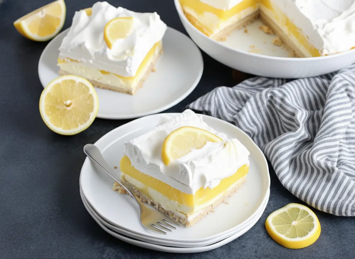 A high-angle 45-degree shot of a square slice of Lemon Lush Cake on a minimalist white ceramic plate. The cake shows distinct layers: a tan pecan crust, a white cream cheese layer, a vibrant yellow pudding layer, and a thick white whipped topping. A fresh lemon slice and scattered zest garnish the top. The plate sits on a marble countertop with wood accents. Soft, natural morning light from the east creates gentle shadows. A vintage fork with a bite taken rests on the plate.
