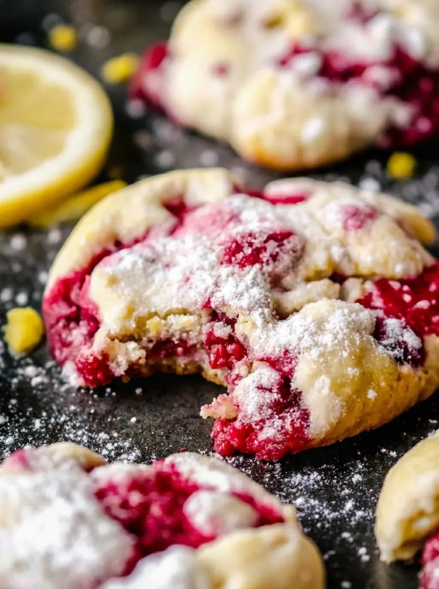 A clean, tidy flat lay of key ingredients for Lemon Raspberry Cookies on a wooden cutting board on a marble countertop. Bright yellow lemons, a bowl of fresh red raspberries, a pile of lemon zest, and a small bowl of flour, all bathed in soft natural morning light. Fresh mint sprigs are delicately placed nearby. No hands or people. (3:4 ratio)