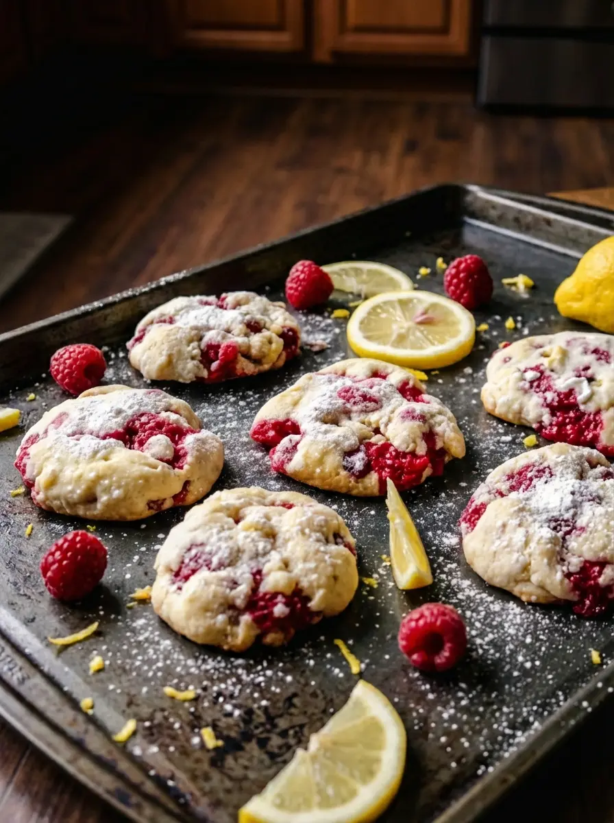 A close-up shot of cookie dough with vivid red fresh raspberries and yellow lemon zest being gently folded into it in a minimalist white ceramic mixing bowl on a marble countertop. The dough is light and creamy. Soft natural morning light creates gentle shadows. No hands or people. (3:4 ratio)