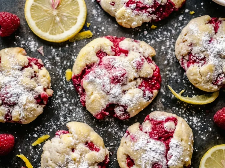 A close-up, top-down shot of several freshly baked Lemon Raspberry Cookies, generously dusted with powdered sugar, showcasing prominent red raspberry pieces and yellow lemon zest within the soft, pale cookie base. The cookies are arranged casually on a minimalist white ceramic plate on a marble countertop, with soft natural morning light creating warm tones and gentle shadows. A few fresh raspberries and lemon slices are subtly blurred in the background, along with a hint of a wooden cutting board and fresh mint sprigs. No hands or people.