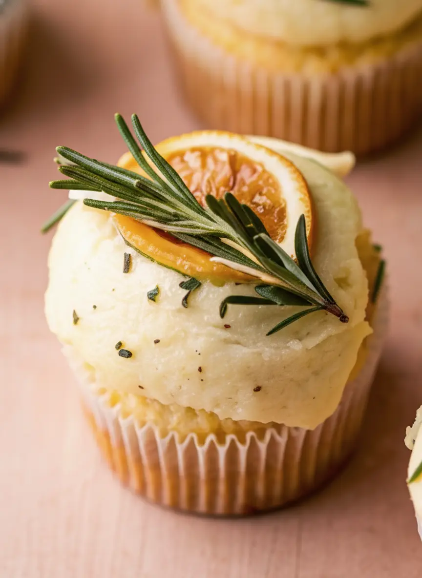 A close-up (3:4) of the prepared ingredients for Lemon Thyme and Rosemary Cupcakes: fresh lemons, bundles of thyme and rosemary, flour, sugar, and butter, all neatly arranged on a wooden cutting board on a marble countertop under natural light. A ceramic bowl is visible in the background, with a clean and tidy presentation and soft shadows.