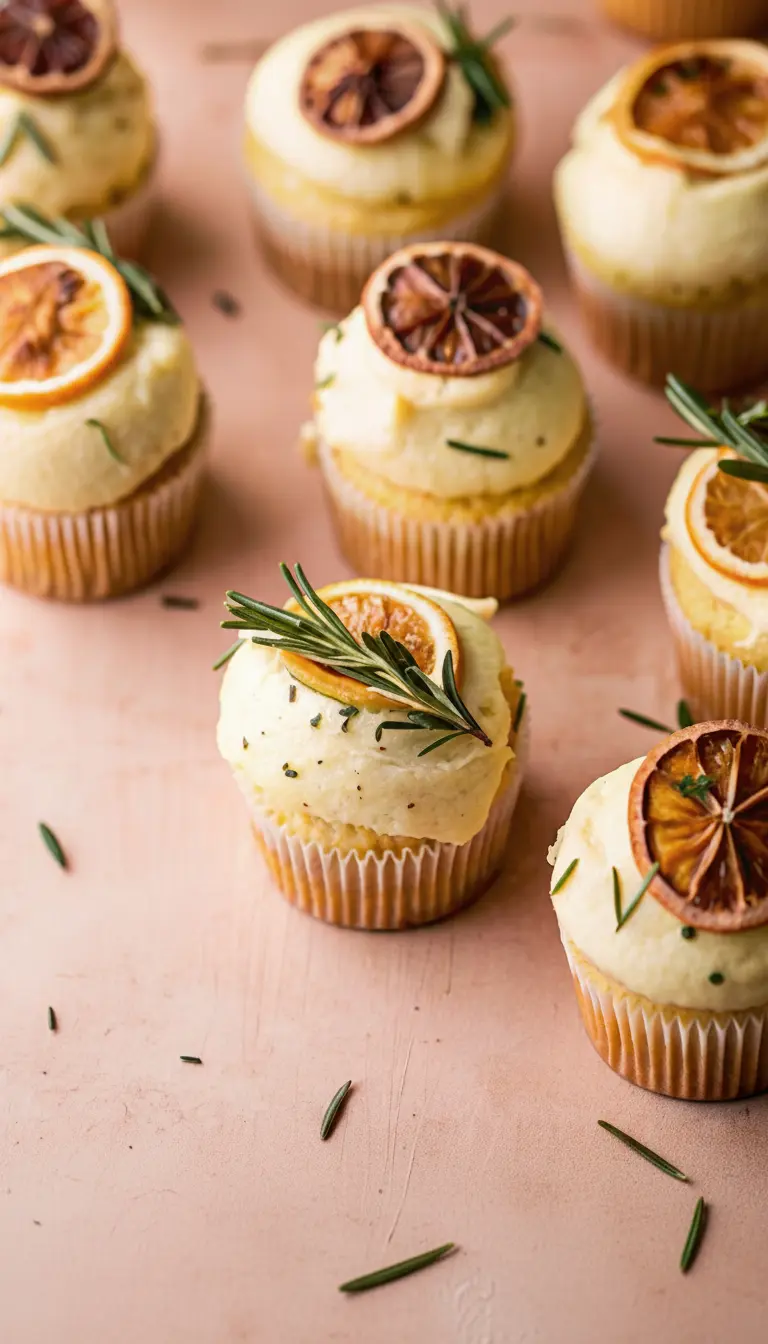 A serving focus (3:4) of a single Lemon Thyme and Rosemary Cupcake, showcasing its moist, tender crumb and the delicate texture of the light yellow buttercream. It's garnished with a dried lemon slice, a sprig of fresh rosemary, and fresh thyme, sitting on a minimalist white plate on a marble countertop. Natural morning light creates soft shadows, with warm tones and a clean presentation.