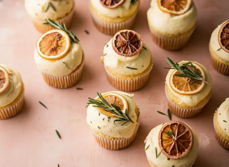A beautifully styled hero shot (4:3) of several Lemon Thyme and Rosemary Cupcakes on a minimalist white plate, adorned with creamy light yellow frosting, dried lemon slices, fresh rosemary sprigs, and delicate thyme leaves. The setting is a marble countertop with wood accents, bathed in natural morning light from an east window, soft shadows, warm tones, clean and tidy presentation. Fresh herbs are visible in the soft background.