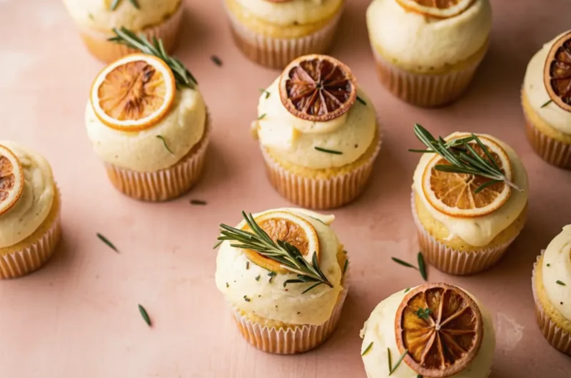 A beautifully styled hero shot (4:3) of several Lemon Thyme and Rosemary Cupcakes on a minimalist white plate, adorned with creamy light yellow frosting, dried lemon slices, fresh rosemary sprigs, and delicate thyme leaves. The setting is a marble countertop with wood accents, bathed in natural morning light from an east window, soft shadows, warm tones, clean and tidy presentation. Fresh herbs are visible in the soft background.