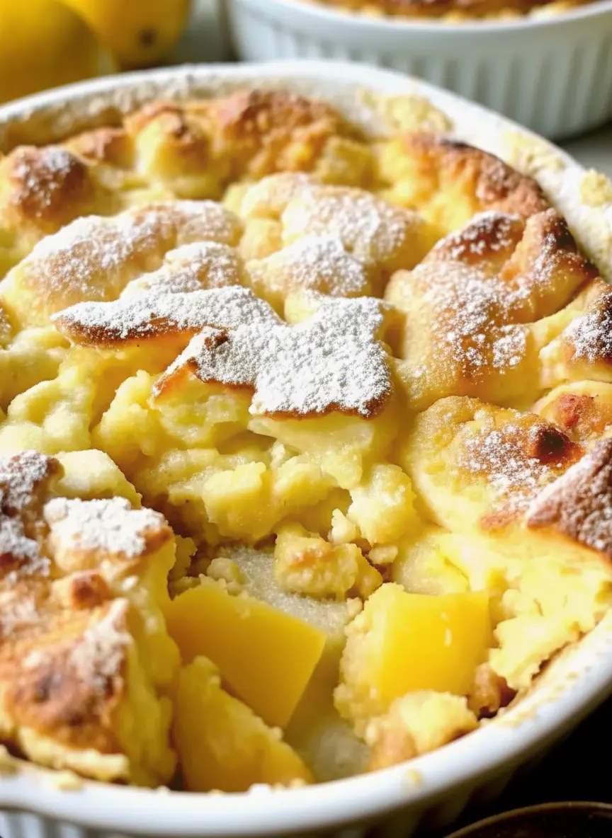 A flat lay of ingredients for Magic Lemon Cobbler: fresh lemons, butter cubes, flour, sugar, baking powder, and eggs, neatly arranged on a wooden cutting board on a marble countertop. Natural morning light creates soft shadows, with fresh herbs visible in the background. (3:4 ratio).