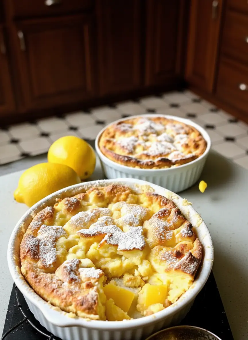 A close-up shot of the process of dropping spoonfuls of golden-crumbly cobbler topping dough over the bright yellow, simmering lemon filling in a white ceramic baking dish, ready for the oven. The scene is on a marble countertop with warm tones from natural light. (3:4 ratio).