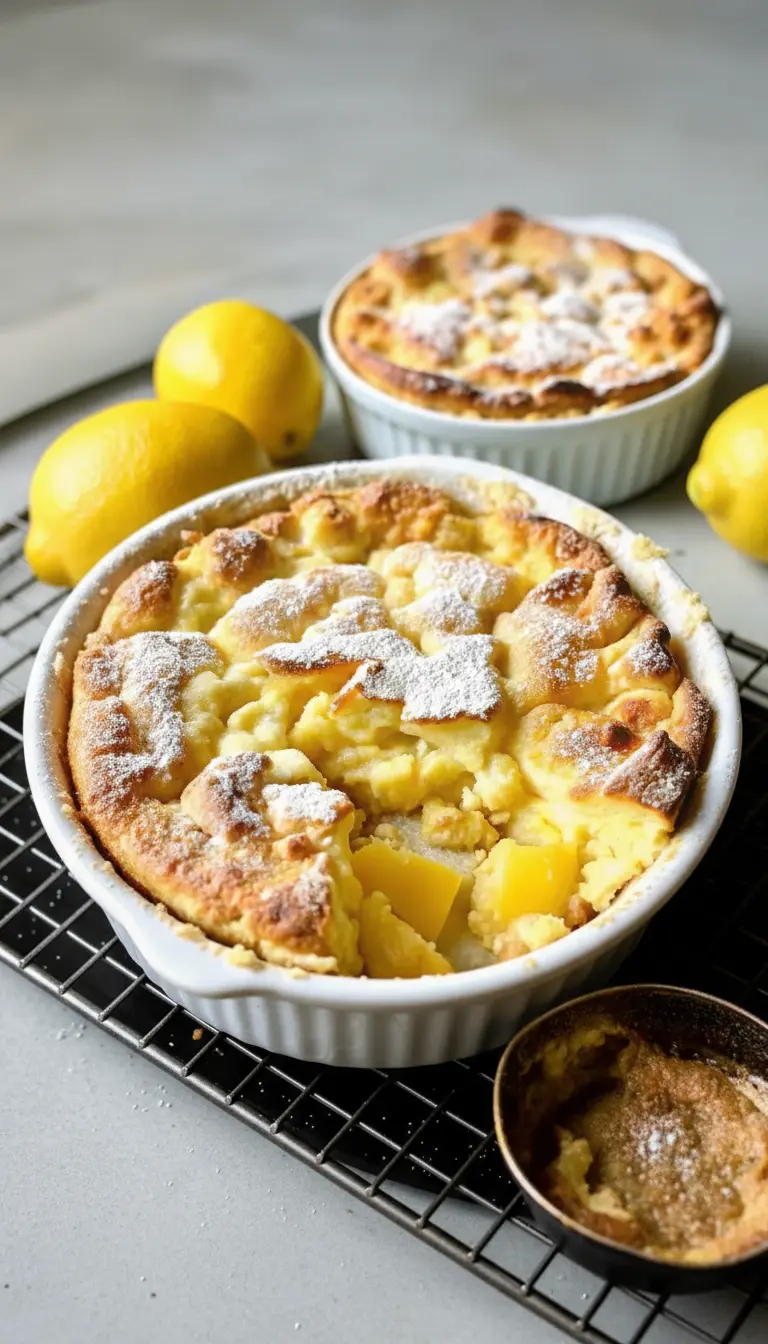 A warm Magic Lemon Cobbler in a white ceramic baking dish, with a spoonful scooped out, showcasing the vibrant, gooey lemon filling and the crispy, golden-brown crumb topping, dusted with powdered sugar. It rests on a wooden cutting board on a marble countertop, bathed in natural morning light. (3:4 ratio).