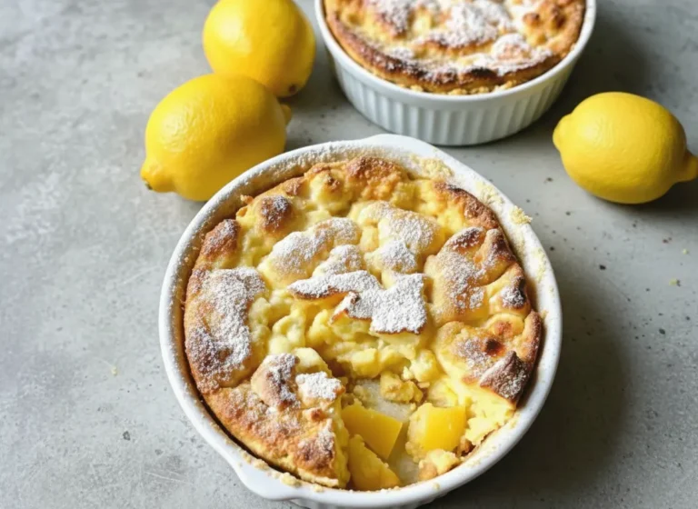 A freshly baked Magic Lemon Cobbler in a white oval ceramic baking dish, a serving spoon nearby with a portion removed, revealing the bright yellow, gooey lemon filling and textured golden crumb topping. The cobbler is lightly dusted with powdered sugar. Whole, fresh lemons are in the soft background. The scene is set on a marble countertop with wood accents, bathed in natural morning light, with soft shadows and warm tones. (4:3 ratio).