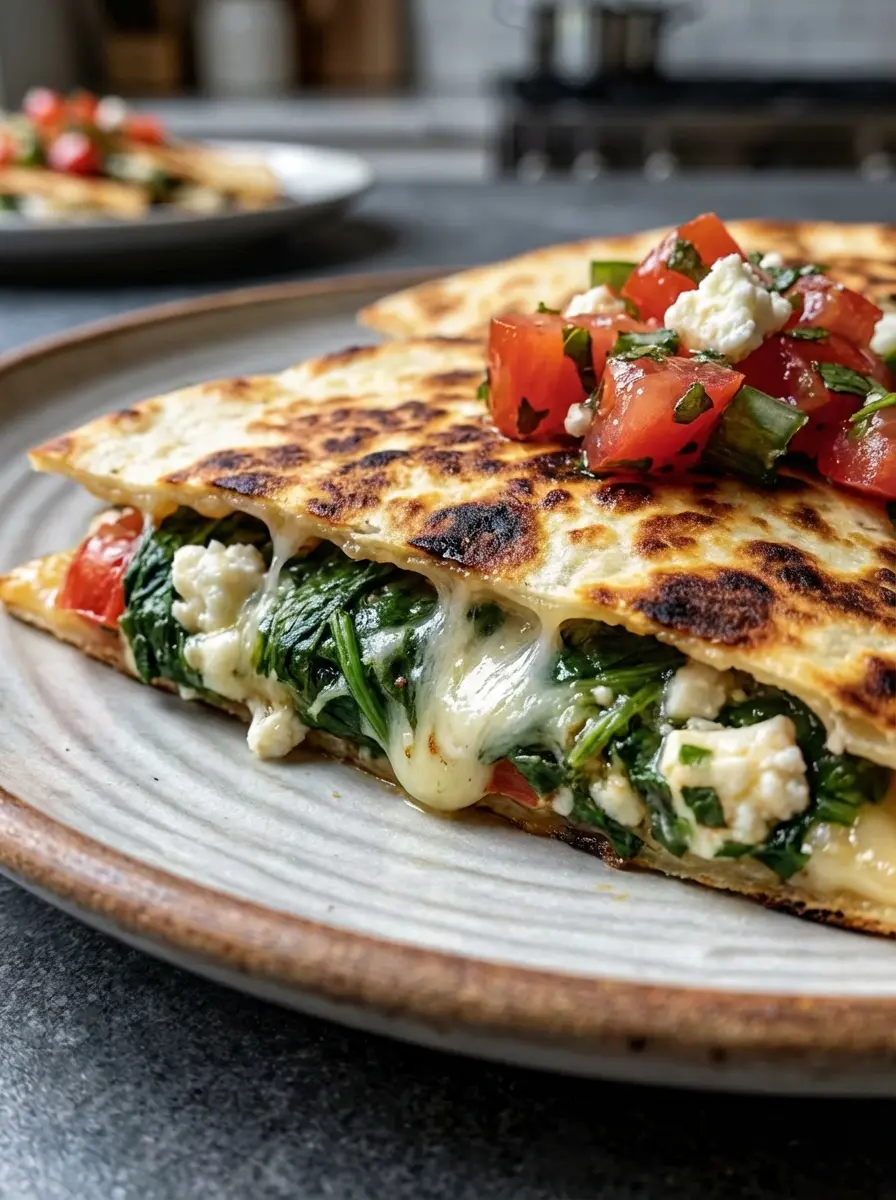 Fresh spinach, crumbled feta cheese, shredded mozzarella cheese, and finely diced red onion are neatly arranged on the same wooden cutting board. A small bowl of minced garlic and a bottle of olive oil are also present. The scene is on a marble countertop, bathed in natural morning light, with fresh herbs in the soft-focus background. (3:4 aspect ratio)