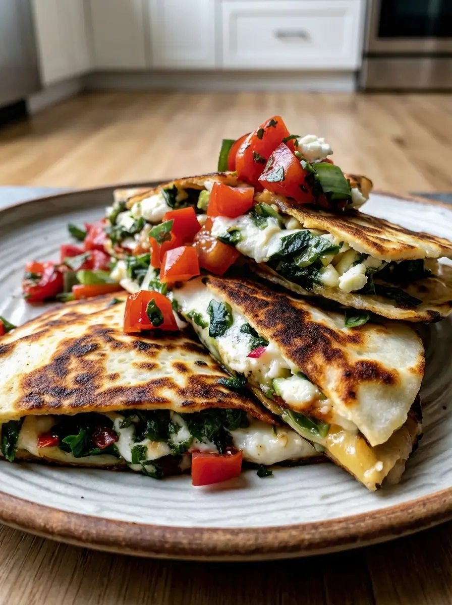 A golden-brown Mediterranean Quesadilla with Spinach being cooked in a non-stick skillet over medium heat, showing the crispy, slightly charred tortilla surface. A corner of the quesadilla is gently pressed with a spatula. The stovetop has a wooden accent nearby, under natural morning light and soft shadows, capturing the genuine love for the cooking process. (3:4 aspect ratio)