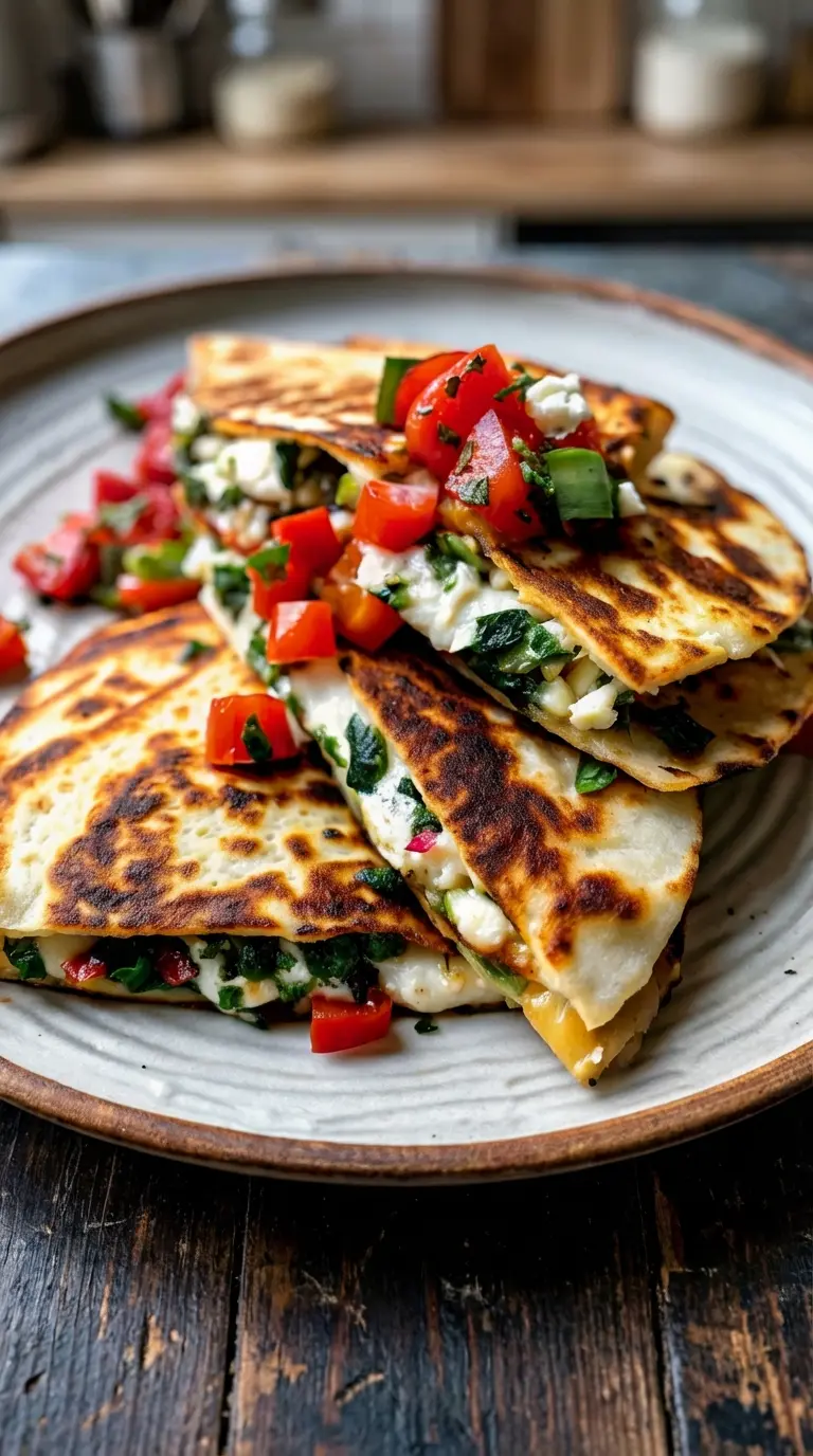A cross-section view of a sliced Mediterranean Quesadilla with Spinach on a light natural ceramic plate, clearly revealing the vibrant green spinach, creamy white melted mozzarella and feta, and a hint of red onion inside. Freshly diced red tomatoes and finely chopped green herbs are scattered around the plate, on a marble countertop with soft shadows and warm tones, ready to be enjoyed. (3:4 aspect ratio)