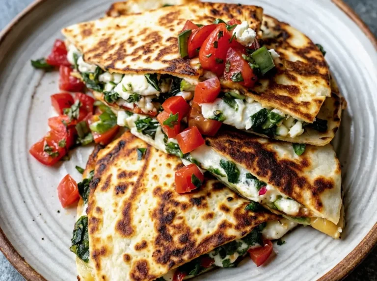 A close-up, slightly elevated shot of a stack of golden-brown Mediterranean Quesadillas with Spinach, cut into halves, oozing with melted feta and mozzarella, generously topped with vibrant diced red tomatoes, finely chopped green herbs, and crumbled white feta cheese. The quesadillas rest on a light natural ceramic plate, positioned on a marble countertop with a wooden accent visible in the soft-focus background, bathed in natural morning light creating soft shadows. The overall presentation is clean, tidy, and warm-toned. (4:3 aspect ratio)
