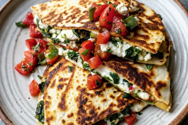 A close-up, slightly elevated shot of a stack of golden-brown Mediterranean Quesadillas with Spinach, cut into halves, oozing with melted feta and mozzarella, generously topped with vibrant diced red tomatoes, finely chopped green herbs, and crumbled white feta cheese. The quesadillas rest on a light natural ceramic plate, positioned on a marble countertop with a wooden accent visible in the soft-focus background, bathed in natural morning light creating soft shadows. The overall presentation is clean, tidy, and warm-toned. (4:3 aspect ratio)