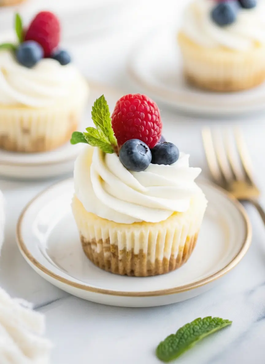 A close-up, 45-degree angle shot of the preparation process. A block of cream cheese and a bowl of graham cracker crumbs sit on a wooden cutting board. The marble countertop reflects soft natural light. In the background, a vintage metal measuring cup and a muffin tin lined with white paper liners are visible. The scene is tidy and inviting, emphasizing fresh ingredients.