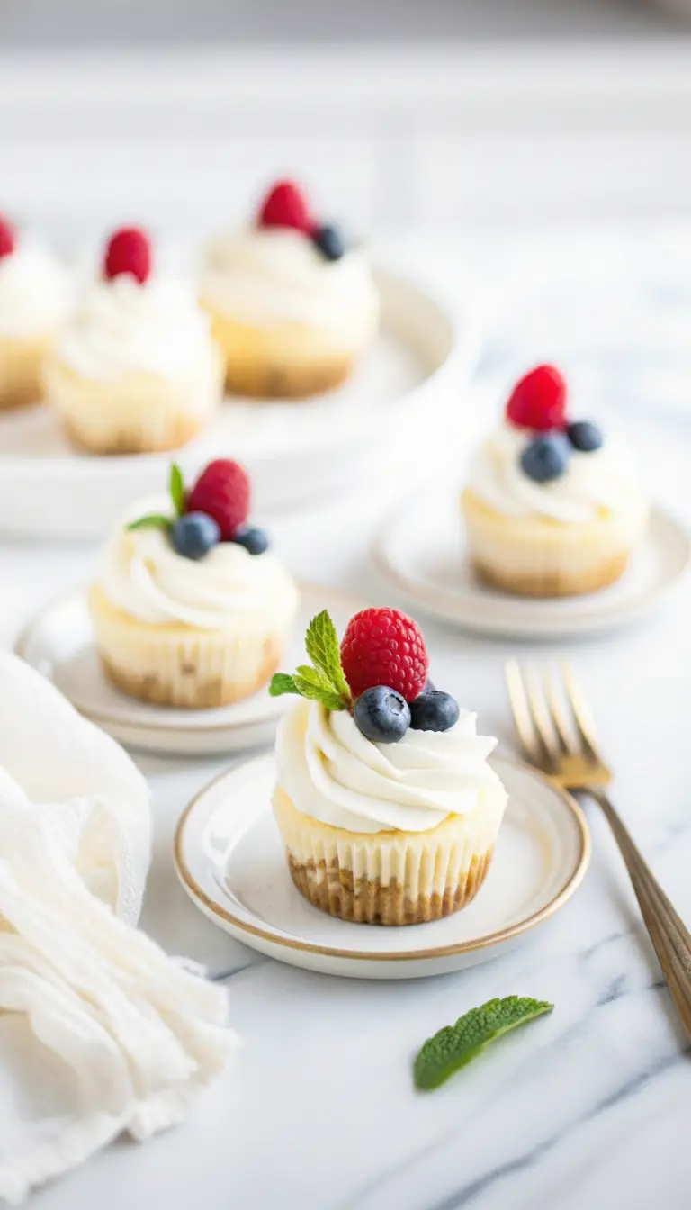A texture-focused macro shot of a Mini Cheesecake Cup that has been bitten into with a silver fork. The fork rests on the white plate, revealing the dense, creamy texture of the filling and the crumbly, golden graham cracker crust. The whipped cream topping is fluffy, and the berry garnish is glistening. The background is a soft blur of the kitchen's marble and wood textures.