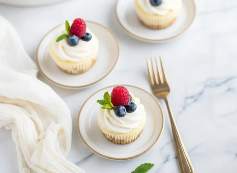 A high-angle, hero shot of a single Mini Cheesecake Cup on a minimalist white ceramic plate. The cheesecake has a golden-brown graham cracker crust bottom, a creamy pale yellow center, and is topped with a swirl of white whipped cream, one red raspberry, one blue blueberry, and a small green mint leaf. The lighting is soft morning light from the east, casting gentle shadows on a marble countertop with wood accents. In the background, slightly out of focus, fresh herbs in a pot and a wooden cutting board add warmth.