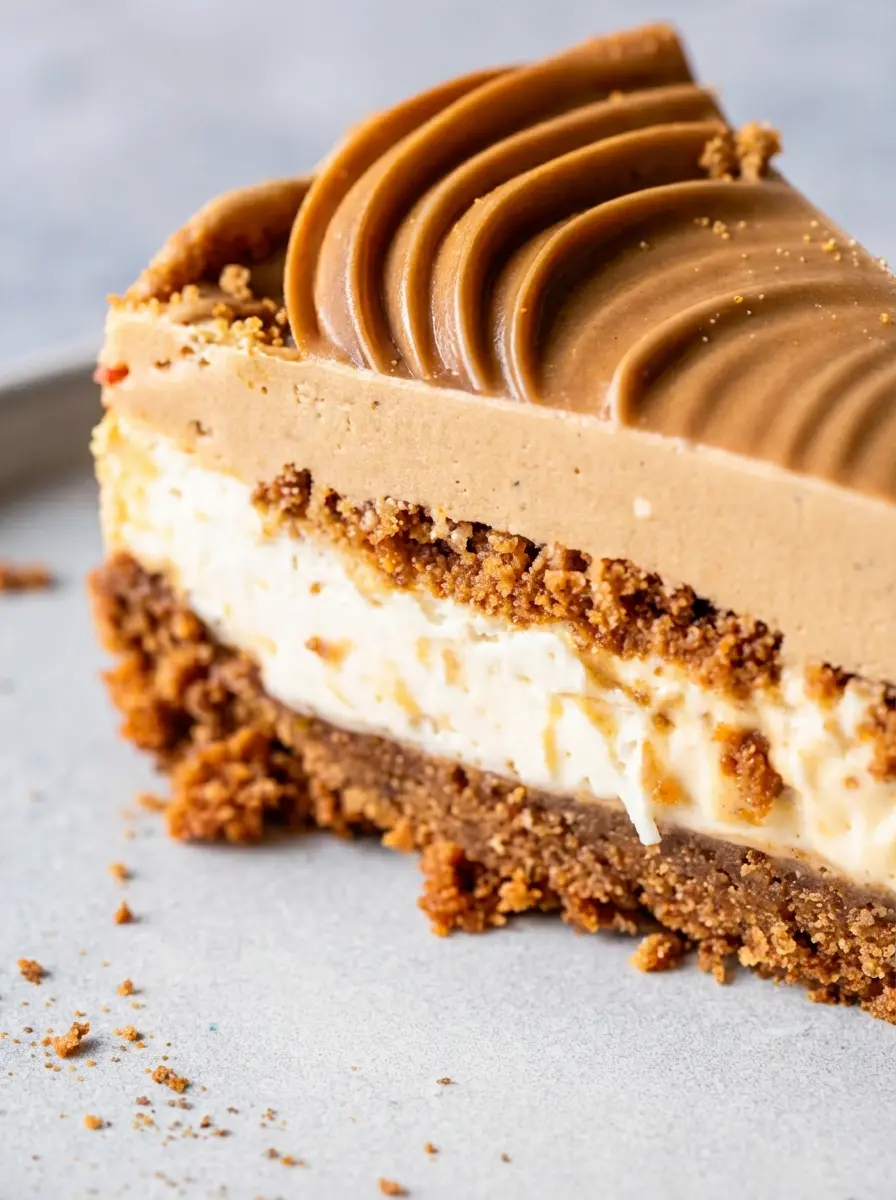 Arrangement of ingredients for No Bake Biscoff Cheesecake on a wooden cutting board: whole Biscoff cookies, a jar of Biscoff spread, blocks of cream cheese, a carton of heavy cream, and vanilla extract. The scene is on a marble countertop with natural morning light, soft shadows, and warm tones. Fresh herbs are blurred in the background. No hands or people. (3:4 ratio)