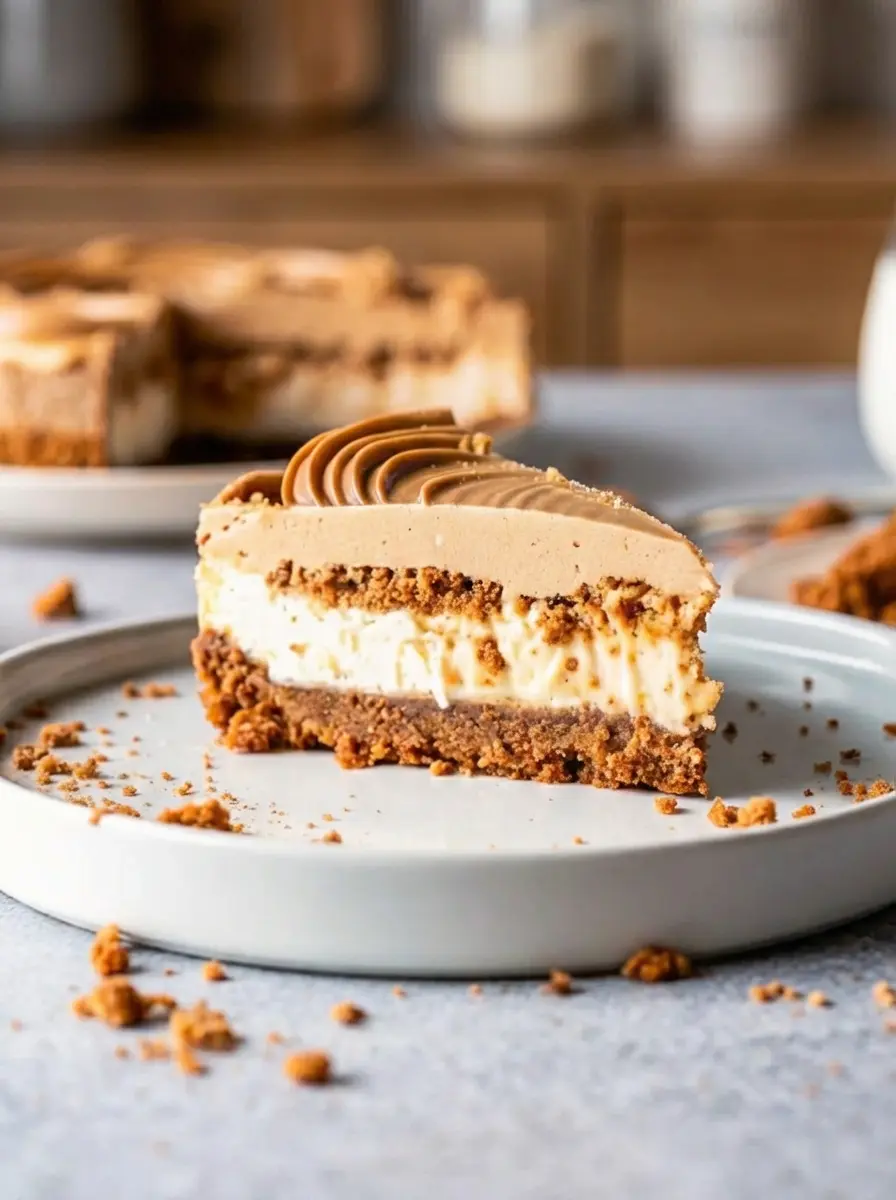 A process shot showing the creamy white cheesecake filling being poured over a chilled Biscoff cookie crust in a springform pan. The texture of the filling is smooth and airy, and the crust is visibly firm. The shot is on a marble countertop with natural morning light, soft shadows, and warm tones. A minimalist ceramic bowl with remaining filling is in the background. No hands or people. (3:4 ratio)