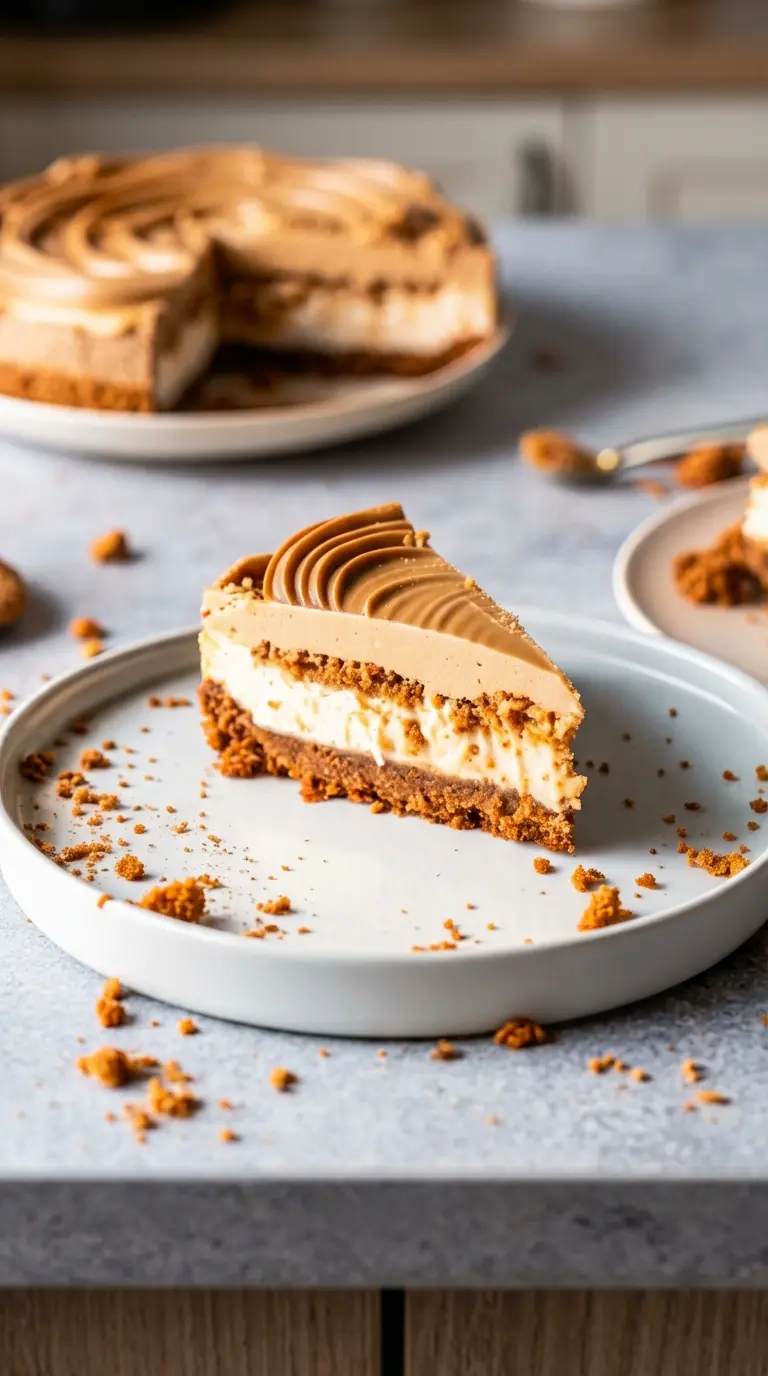 A close-up, angled shot of a slice of No Bake Biscoff Cheesecake on a minimalist white ceramic plate, emphasizing the rich, crumbly texture of the Biscoff crust, the smooth creaminess of the filling, and the soft sheen of the Biscoff topping with its distinctive swirl. Biscoff crumbs are around the base. The setting is a clean and tidy marble countertop with warm natural light. No hands or people. (3:4 ratio)