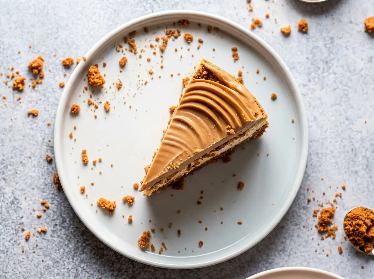 A perfect slice of No Bake Biscoff Cheesecake on a minimalist white ceramic plate, showcasing distinct layers of a dark brown Biscoff cookie crust, creamy white cheesecake filling, light brown smooth Biscoff flavored top layer, and a decorative swirl of darker Biscoff spread. Biscoff cookie crumbs are artfully scattered on the plate. The scene is set on a marble countertop with natural morning light from an east window, soft shadows, warm tones. A blurred whole cheesecake and a small white cup are in the background. No hands or people. (4:3 ratio)