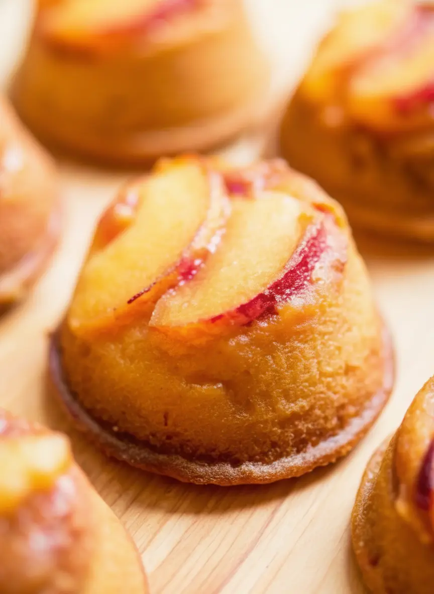 Ingredients for Peach Upside Down Mini Cakes: neatly arranged fresh ripe peaches (thinly sliced), butter, brown sugar, flour, egg, milk, vanilla, and almond extract in minimalist white ceramic bowls on a clean marble countertop, with fresh herbs in the blurred background under natural morning light. (3:4 ratio)