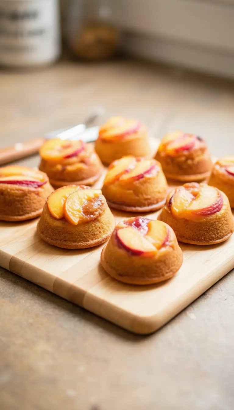 A single Peach Upside Down Mini Cake artfully presented on a minimalist white plate, showcasing the fluffy, tender cake texture and the juicy, caramelized peach topping with its glossy glaze and reddish streaks, with a small sprig of fresh mint in the background, on a marble countertop under natural morning light. (3:4 ratio)