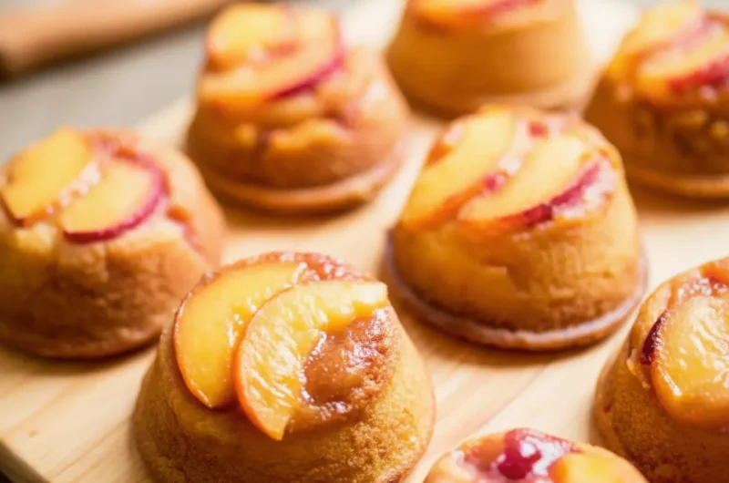 A beautiful spread of several freshly baked Peach Upside Down Mini Cakes, golden brown with glossy, fanned-out peach slices (some showing reddish streaks) on top, artfully arranged on a rustic wooden cutting board, set on a marble countertop under soft natural morning light, with warm tones, clean and tidy presentation. (4:3 ratio)