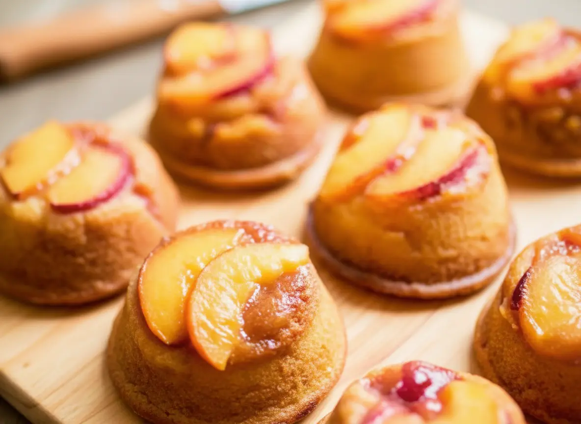 A beautiful spread of several freshly baked Peach Upside Down Mini Cakes, golden brown with glossy, fanned-out peach slices (some showing reddish streaks) on top, artfully arranged on a rustic wooden cutting board, set on a marble countertop under soft natural morning light, with warm tones, clean and tidy presentation. (4:3 ratio)