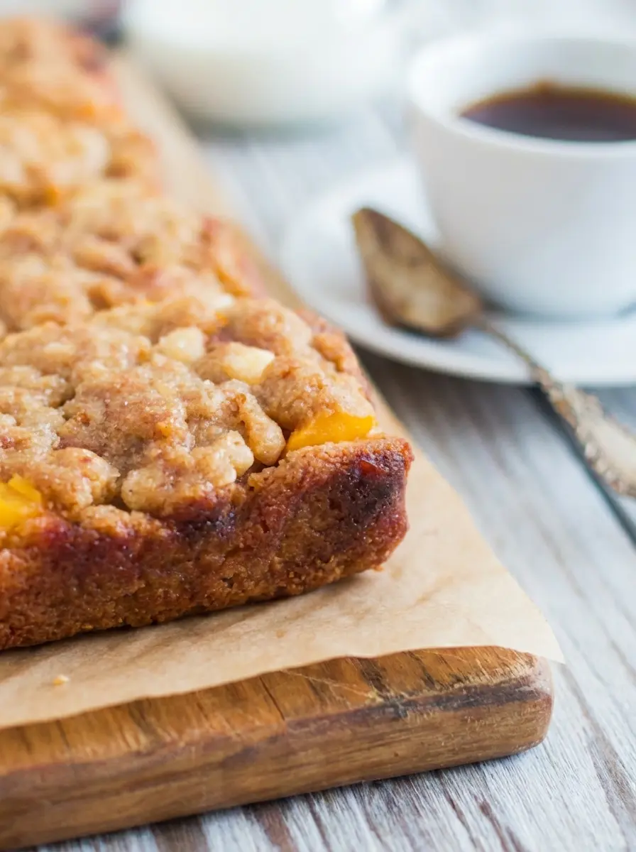 A flat lay (3:4 ratio) of the raw ingredients for Peaches and Cream Crumble Bars: fresh ripe peaches, a block of cream cheese, sticks of butter, bowls of flour, granulated sugar, and rolled oats, all neatly arranged on a marble countertop. A wooden cutting board is subtly visible nearby. Soft shadows and warm tones are cast by natural morning light from an east window, with fresh herbs blurred in the background.