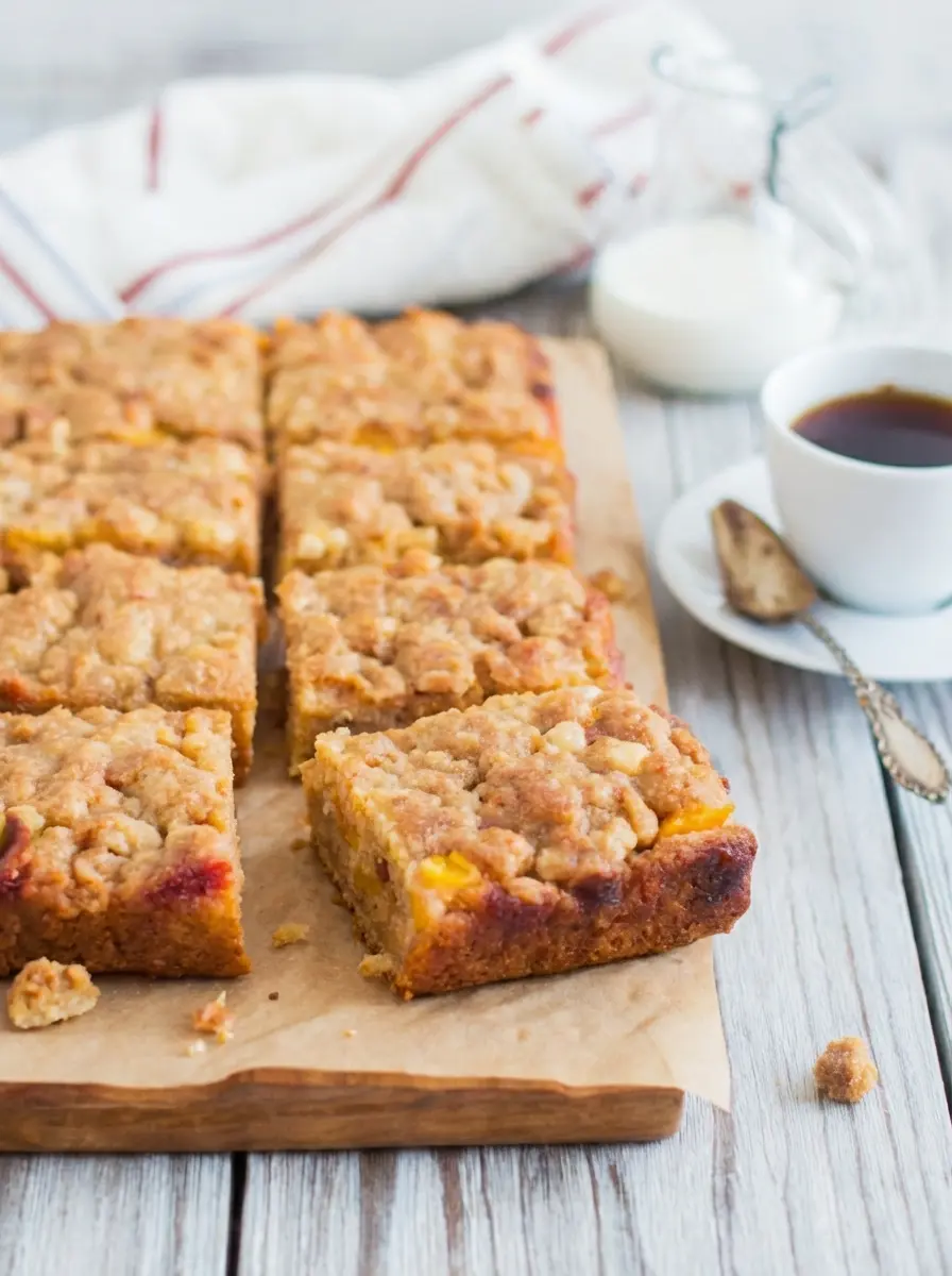 A close-up (3:4 ratio) of the assembly process for Peaches and Cream Crumble Bars: a square baking dish shows the pre-baked crust layered with creamy white filling and sliced yellow and reddish peaches, with a hand (not visible) sprinkling the golden-brown crumble topping over them. The scene is set on a wooden cutting board against a marble countertop under natural morning light, with warm tones and soft shadows.