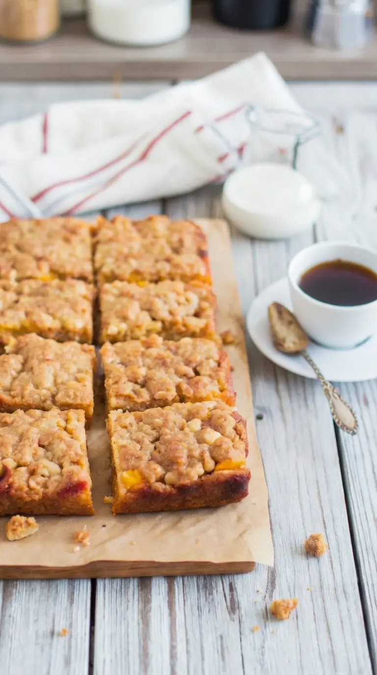 A beautiful serving shot (3:4 ratio) of a single Peaches and Cream Crumble Bar slice placed on a minimalist white ceramic plate. The bar clearly displays its distinct layers: a crumbly, golden-brown top, a vibrant peach filling, and a solid, creamy base. A subtle sprig of fresh basil or mint, out of focus, adds a touch of green in the background. Natural morning light creates soft shadows and highlights the texture of the bar on the marble countertop.