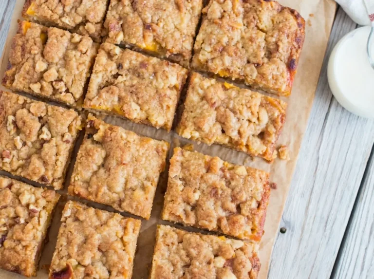 A hero shot (4:3 ratio) of several freshly baked Peaches and Cream Crumble Bars cut into squares on a light wooden cutting board. One bar is slightly pulled forward, showcasing the golden-brown crumble topping, the soft, juicy peach layer, and the creamy white base. In the softly focused background, a light blue enamel mug filled with dark coffee and a folded white kitchen towel with subtle blue stripes are visible. The scene is illuminated by natural morning light from an east window, casting soft shadows on the marble countertop. The presentation is clean and tidy with warm tones.