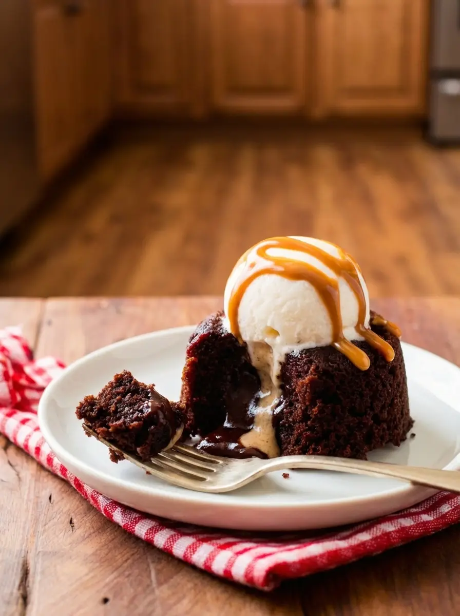 A close-up of batter being gently folded in a ceramic bowl, showing the rich, dark chocolate color. The bowl rests on a marble countertop next to a wooden cutting board. Natural morning light creates soft shadows. Clean and tidy. No hands.