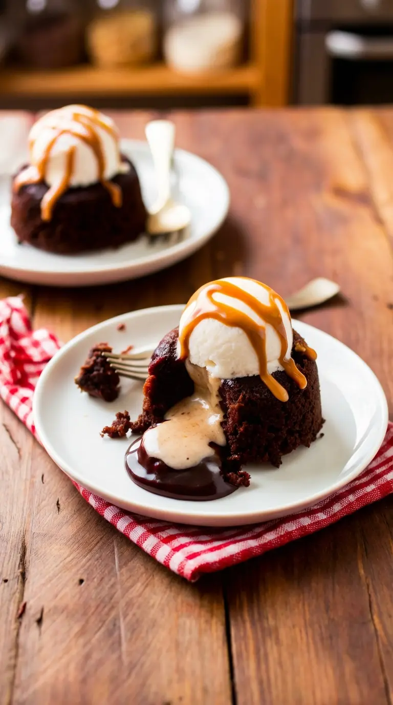 A close-up, slightly elevated shot of two Peanut Butter Chocolate Lava Cakes on minimalist white plates, one cake with a spoon inserted, clearly showing the warm, molten peanut butter and chocolate filling oozing out, topped with melting vanilla ice cream, peanut butter sauce, and chocolate syrup. The cakes are on a marble countertop with wood accents. Natural morning light, soft shadows, warm tones, clean and tidy. No hands.
