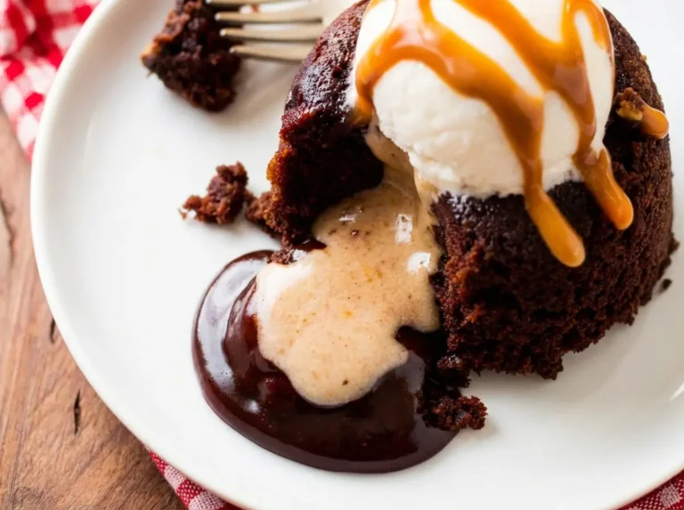 A hero shot of a single Peanut Butter Chocolate Lava Cake on a minimalist white plate, partially cut with a spoon to reveal a rich, molten chocolate and peanut butter center. A generous scoop of melting vanilla ice cream sits on top, with artistic drizzles of peanut butter sauce and chocolate syrup. The setting is a clean marble countertop with subtle wood accents, bathed in natural morning light from an east window, casting soft shadows. A red and white checkered cloth is subtly visible in the background, out of focus. Clean and tidy presentation, warm tones. No hands.