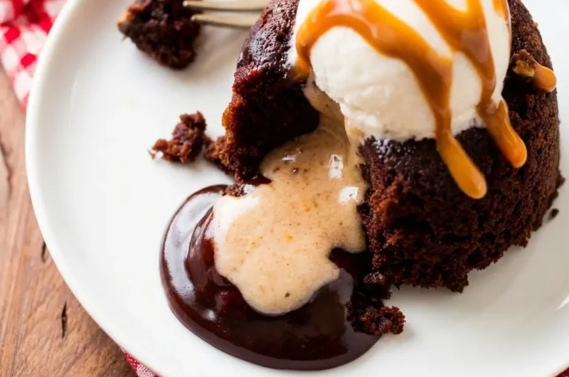 A hero shot of a single Peanut Butter Chocolate Lava Cake on a minimalist white plate, partially cut with a spoon to reveal a rich, molten chocolate and peanut butter center. A generous scoop of melting vanilla ice cream sits on top, with artistic drizzles of peanut butter sauce and chocolate syrup. The setting is a clean marble countertop with subtle wood accents, bathed in natural morning light from an east window, casting soft shadows. A red and white checkered cloth is subtly visible in the background, out of focus. Clean and tidy presentation, warm tones. No hands.