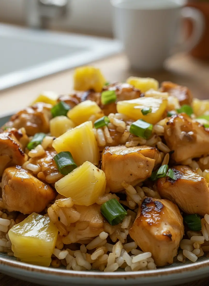 A rustic wooden cutting board with prepped ingredients for Pineapple Chicken and Rice: neatly cubed raw chicken, bright yellow pineapple chunks (some from a drained can, some fresh), minced garlic, grated ginger, and sliced green onions. All arranged artfully, bathed in natural morning light on a marble countertop, with fresh herbs visible in the soft-focused background, clean and tidy presentation, no hands or people. (3:4 ratio)