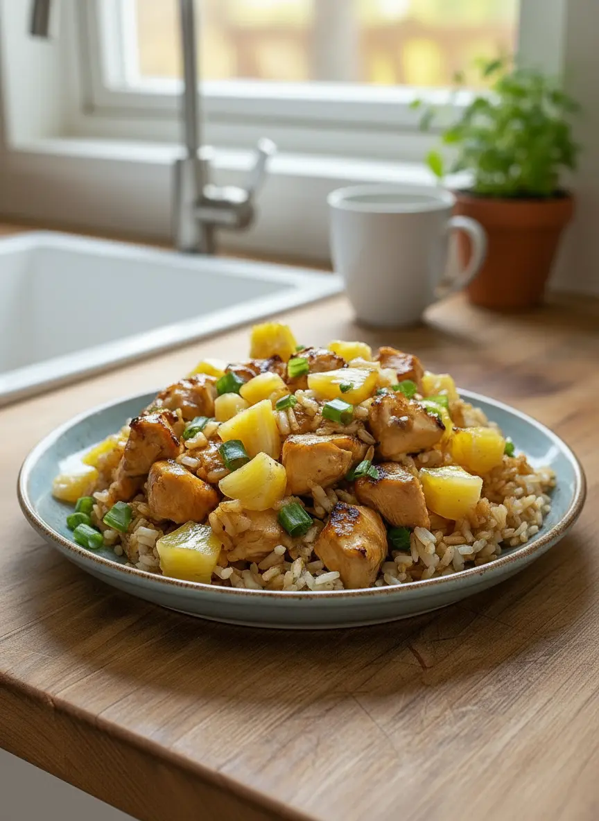 A close-up shot of the Pineapple Chicken and Rice cooking process in a large skillet on a stovetop (only the skillet and food visible). The chicken cubes are coated in a glossy, rich golden-brown sauce, mixed with vibrant pineapple chunks, gently simmering. Steam is subtly rising. Natural morning light illuminates the scene, creating warm tones and soft shadows, no hands or people. (3:4 ratio)