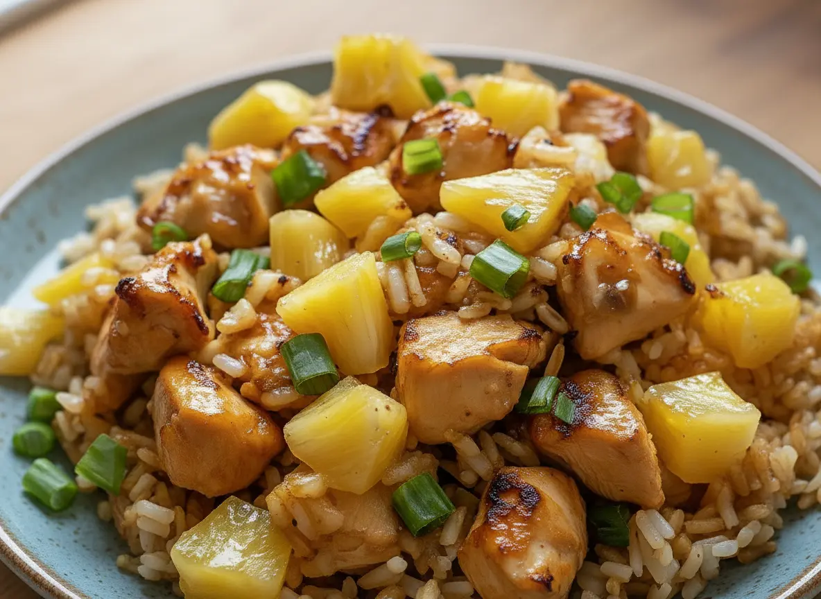 A beautifully plated close-up of Pineapple Chicken and Rice in a light blue ceramic bowl, featuring golden-brown glazed chicken pieces, bright yellow pineapple chunks, and vibrant green chopped scallions resting on fluffy brown rice. The scene is bathed in natural morning light from an east window, casting soft shadows on a clean marble countertop with subtle wood accents in the background. The presentation is tidy and warm, showing genuine love for the process, no hands or people. (4:3 ratio)