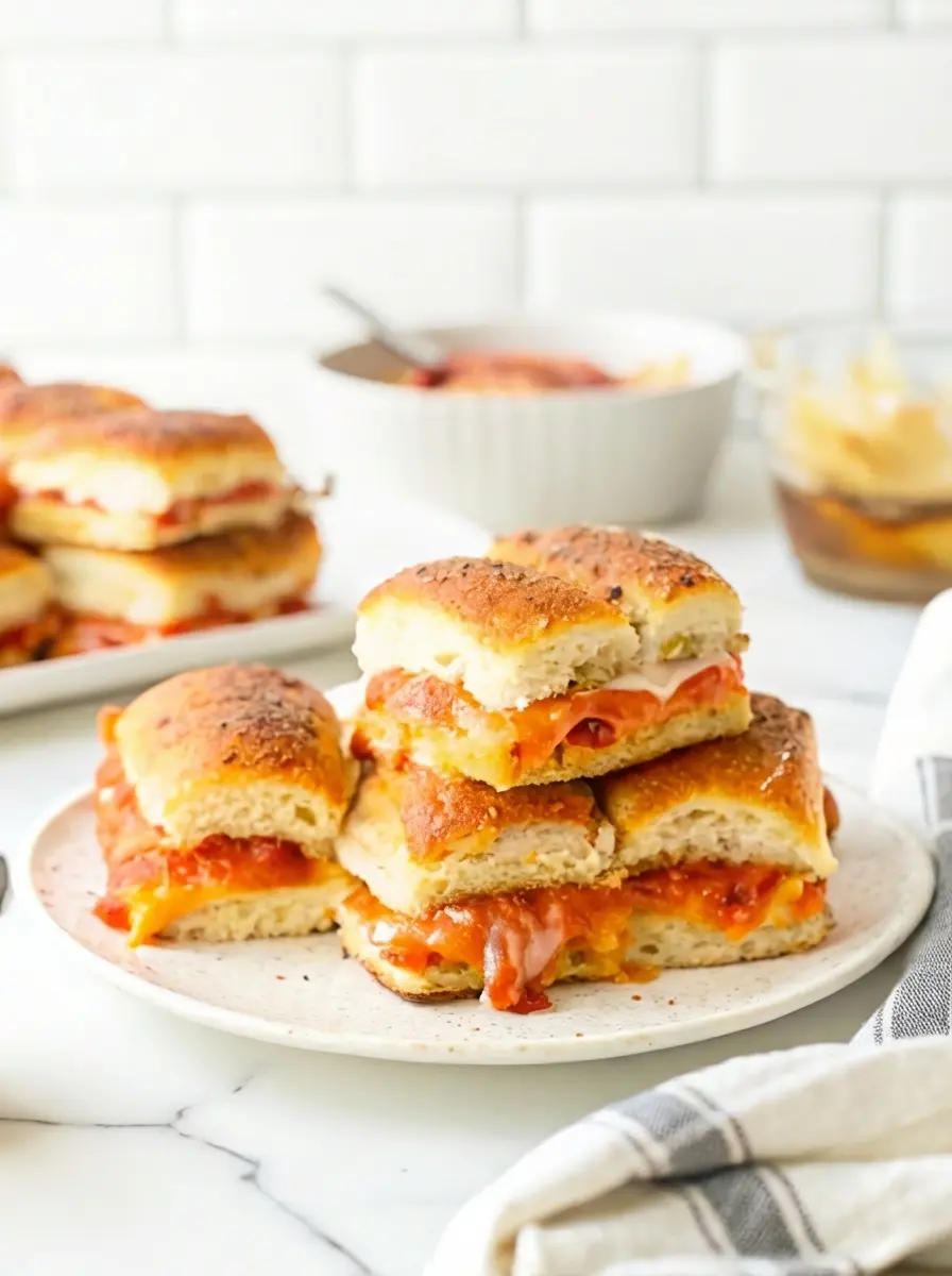 A process shot showing the assembled sliders in a white baking dish before going into the oven. The golden tops of the rolls are glistening with a freshly brushed layer of melted butter, garlic, and herbs. A silicone basting brush rests nearby on the marble counter. The depth of field is shallow, focusing on the texture of the butter glaze.