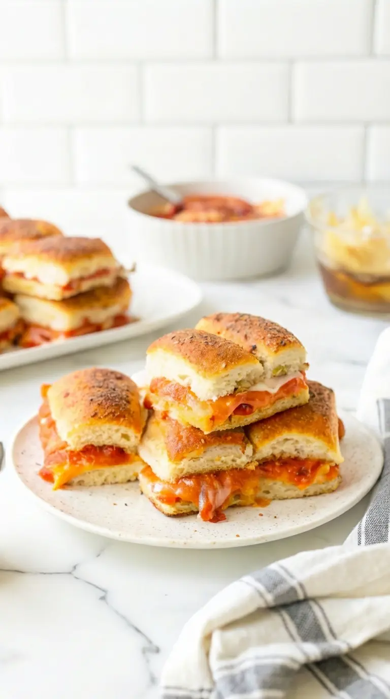 A close-up serving shot of a single pizza slider being pulled away from the group, showcasing a dramatic, gooey cheese pull. The bread texture is fluffy and soft, while the crust is golden and toasted. The slider sits on a small white plate with a blurred background of the remaining sliders and a touch of fresh basil, bathed in warm morning light.