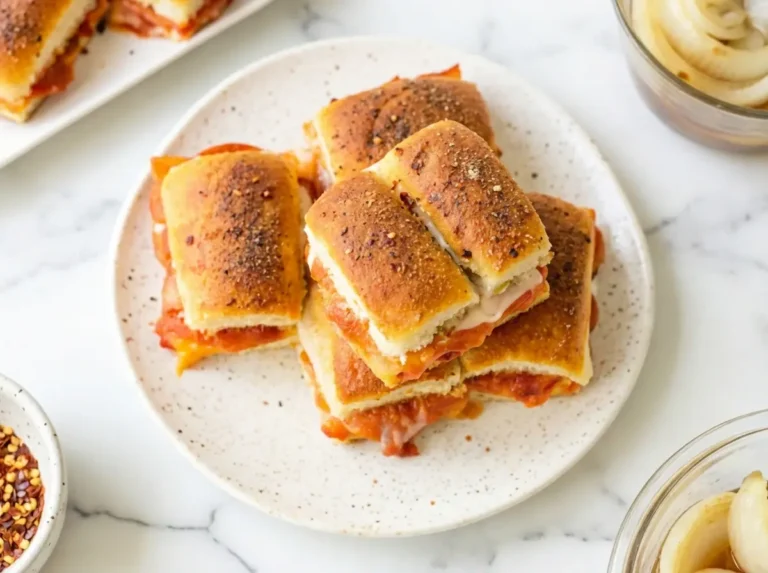 A hero shot of two stacked pizza sliders on a minimalist white ceramic plate. The sliders are made from golden-brown Hawaiian rolls topped with garlic butter and herbs. Between the buns, rich red marinara sauce, pepperoni, and thick melted mozzarella cheese are oozing out, creating a delicious drip. The background features a white marble countertop with wood accents, a grey linen napkin, and soft natural morning light from an east window. The scene is tidy, warm, and inviting.