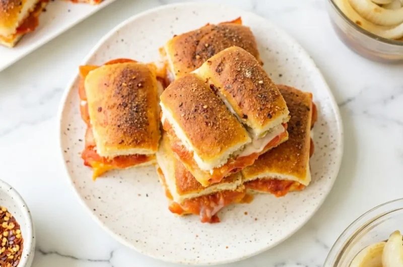 A hero shot of two stacked pizza sliders on a minimalist white ceramic plate. The sliders are made from golden-brown Hawaiian rolls topped with garlic butter and herbs. Between the buns, rich red marinara sauce, pepperoni, and thick melted mozzarella cheese are oozing out, creating a delicious drip. The background features a white marble countertop with wood accents, a grey linen napkin, and soft natural morning light from an east window. The scene is tidy, warm, and inviting.